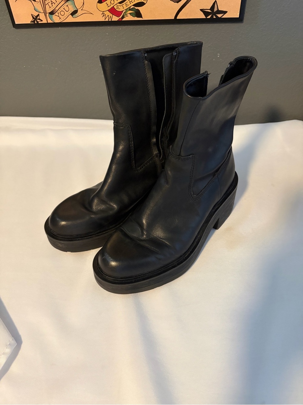 Zara Black Leather Moto Boots 100% Leather